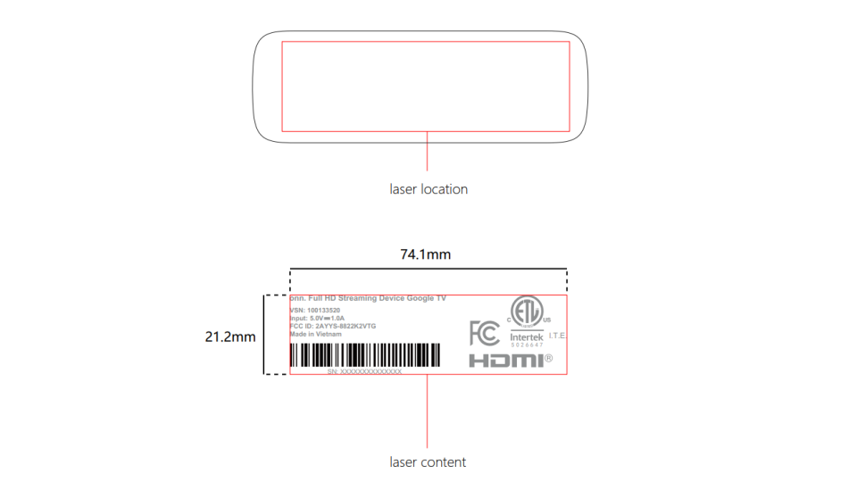 FCC label for onn Full HD Google TV streaming device