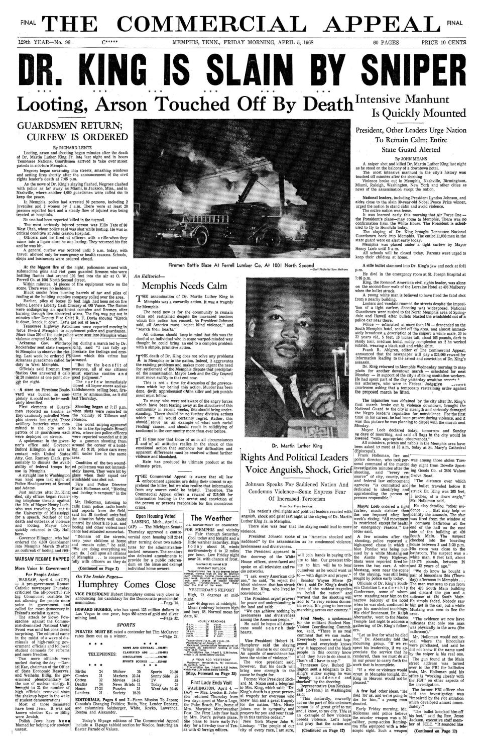 The Commercial Appeal front page on April 5, 1968, the day after the Rev. Martin Luther King Jr. was assassinated in Memphis.