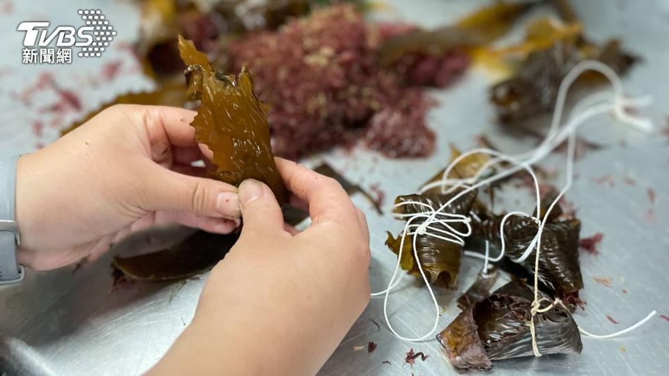 飼育員巧手包「海棕梠」粽子，是由綠色的石蓴、羽毛藻，以及紅紫色的紅珊瑚藻充當內餡。（圖／TVBS）