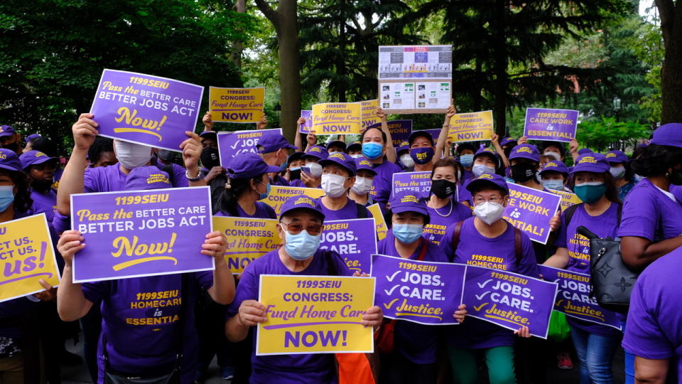 Members of 1199SEIU, homecare workers, and home care consumers, supporters and advocates carry signs at a rally to demand Congress pass the Better Care Better Jobs Act on July 13, 2021 in New York, NY. 