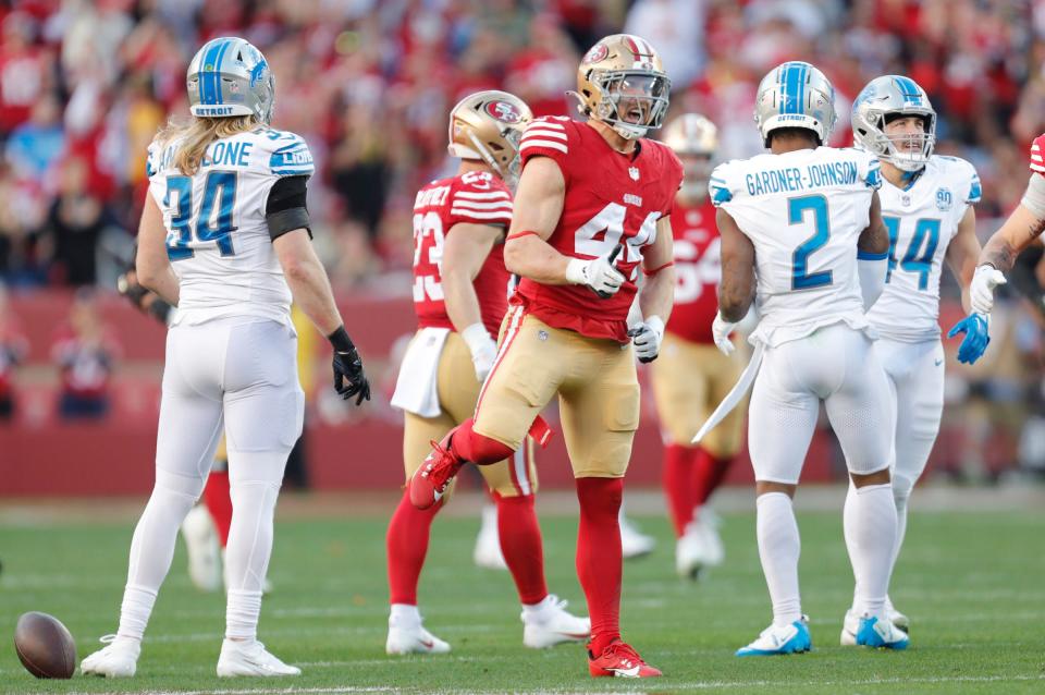 49ers fullback Kyle Juszczyk celebrates a play in the first quarter of the NFC championship game Sunday in Santa Clara, Calif.