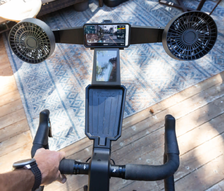 The author takes a spin on the Garmin TacX Neo Bike Plus exercise bike.<p>Justin Park</p>