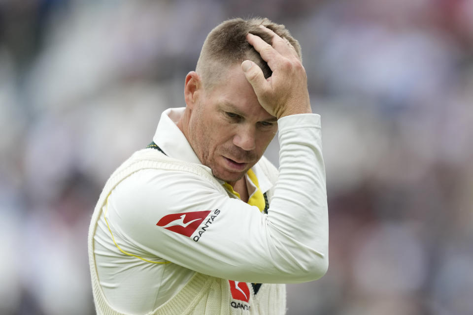 Australia's David Warner leaves the pitch after he is dismissed on day five of the fifth Ashes Test match between England and Australia, at The Oval cricket ground in London, Monday, July 31, 2023. (AP Photo/Kirsty Wigglesworth)