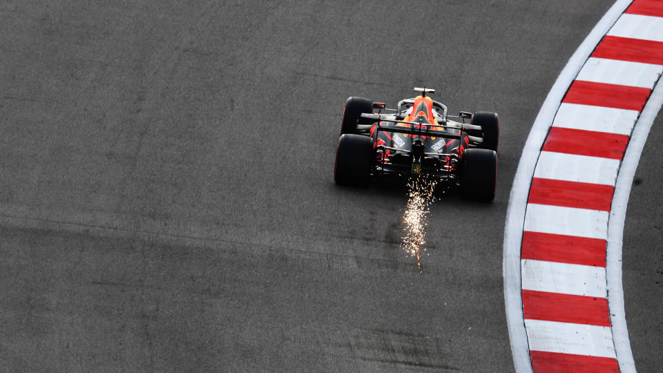 SOCHI, RUSSIA - SEPTEMBER 26: Sparks fly behind Max Verstappen of the Netherlands driving the (33) Aston Martin Red Bull Racing RB16 during qualifying ahead of the F1 Grand Prix of Russia at Sochi Autodrom on September 26, 2020 in Sochi, Russia. (Photo by Clive Mason - Formula 1/Formula 1 via Getty Images)