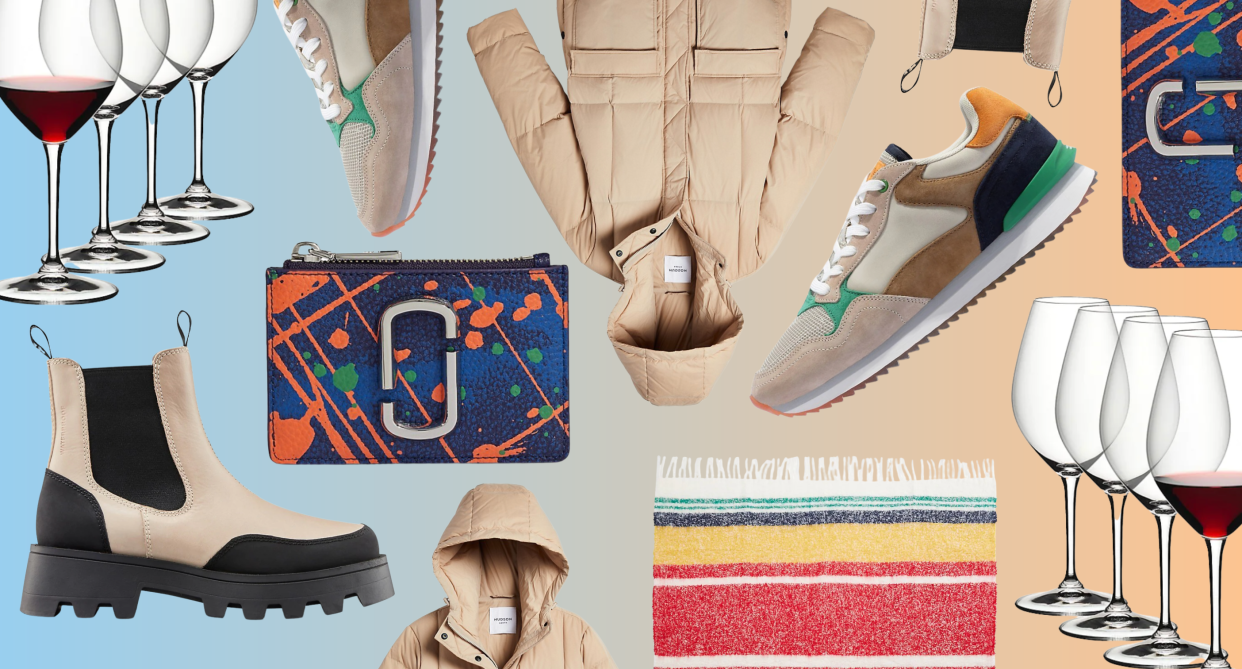 collage with the bay wine glasses, HBC stripes blanket, women's winter boots, women's winter jacket, men's sneaker, marc jacobs wallet