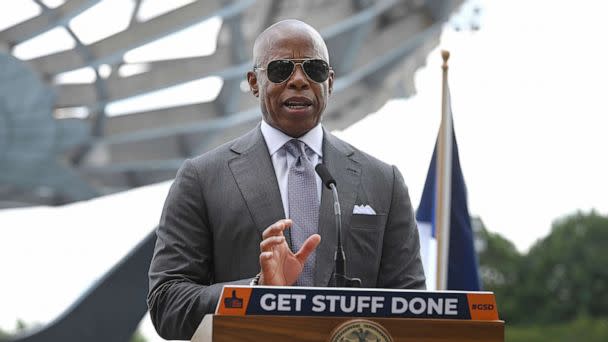 PHOTO: New York City Mayor Eric Adams speaks to the issue of asylum seekers sent from Texas to New York during a press conference held in Flushing Meadows Corona Park in the Queens borough of New York City, N.Y., Aug. 8, 2022. (Anthony Behar/Sipa USA via AP)