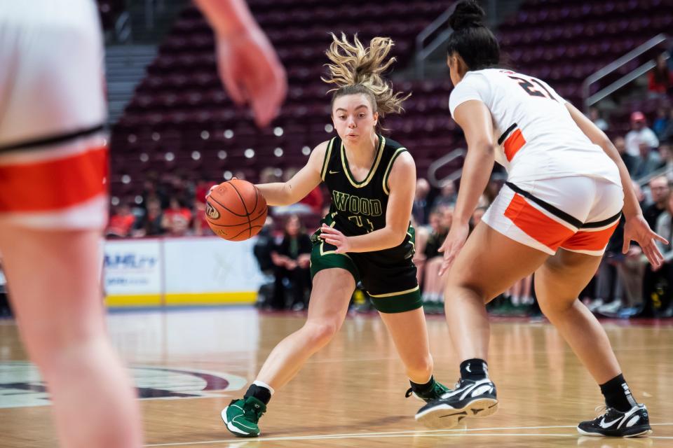 Archbishop Wood's Ava Renninger makes a move to open up a lane during the PIAA Class 5A Girls Basketball Championship against Cathedral Prep at the Giant Center on March 23, 2024, in Hershey. The Vikings won, 37-27, to capture their fourth straight title.