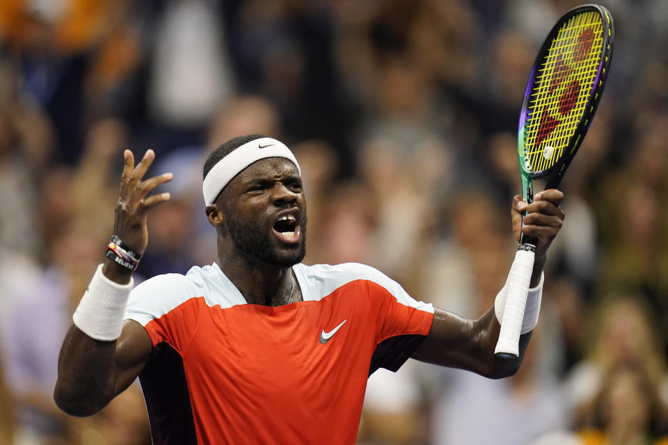 Frances Tiafoe, of the United States, reacts after winning a game against Carlos Alcaraz, of Spain, during the semifinals of the U.S. Open tennis championships, Friday, Sept. 9, 2022, in New York. (AP Photo/Charles Krupa)