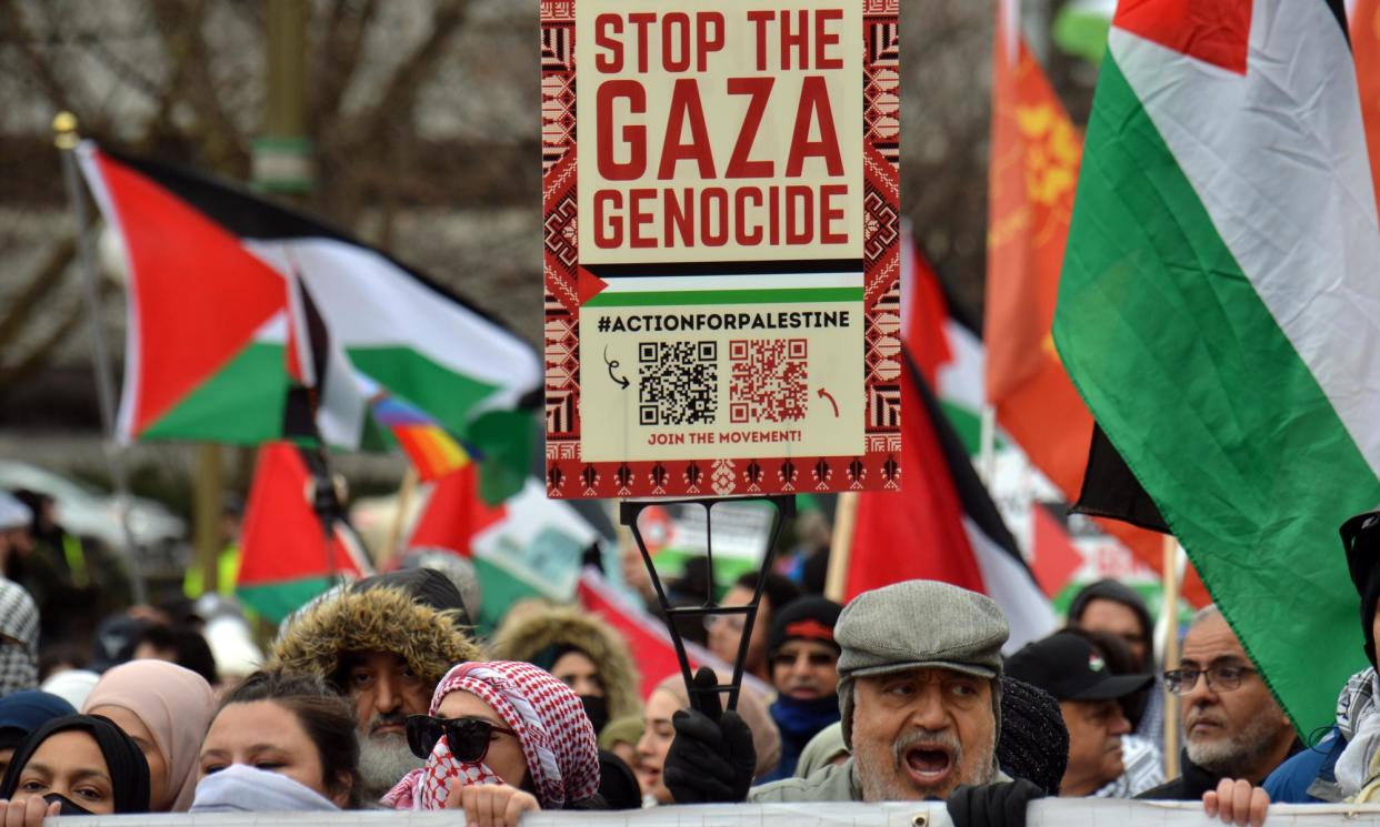 <span>People stage a pro-Palestinian demonstration in Ottawa, Canada, on 16 March 2024.</span><span>Photograph: Anadolu/Getty Images</span>