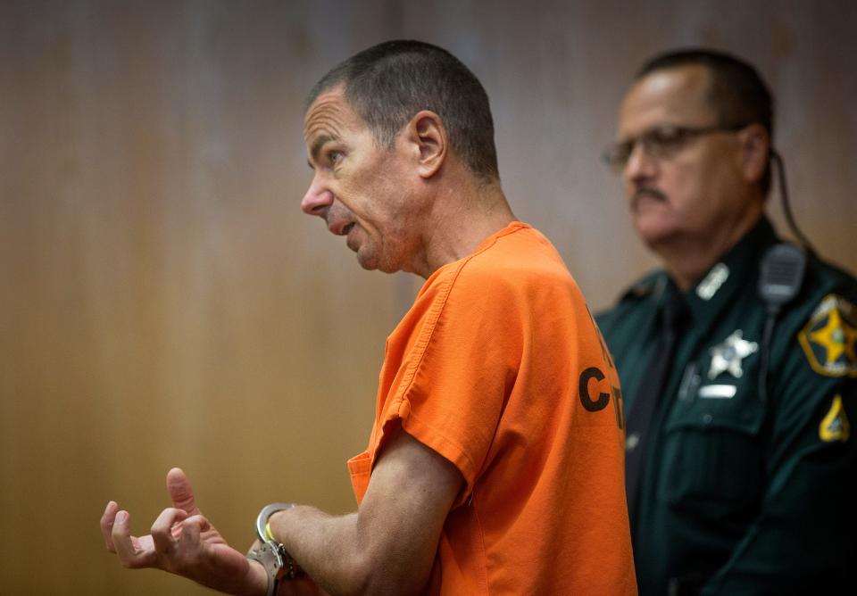 Jeremy Scott answers a question from a prosecutor in a Bartow courtroom while testifying in a 2017 evidentiary hearing on an appeal by Leo Schofield Jr. Scott confessed to killing Schofield's wife but then seemed to recant.