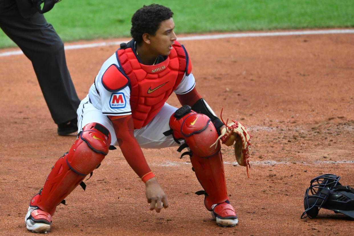 Cleveland Guardians catcher Bo Naylor (23) looks to second base Monday against the Detroit Tigers in Cleveland.