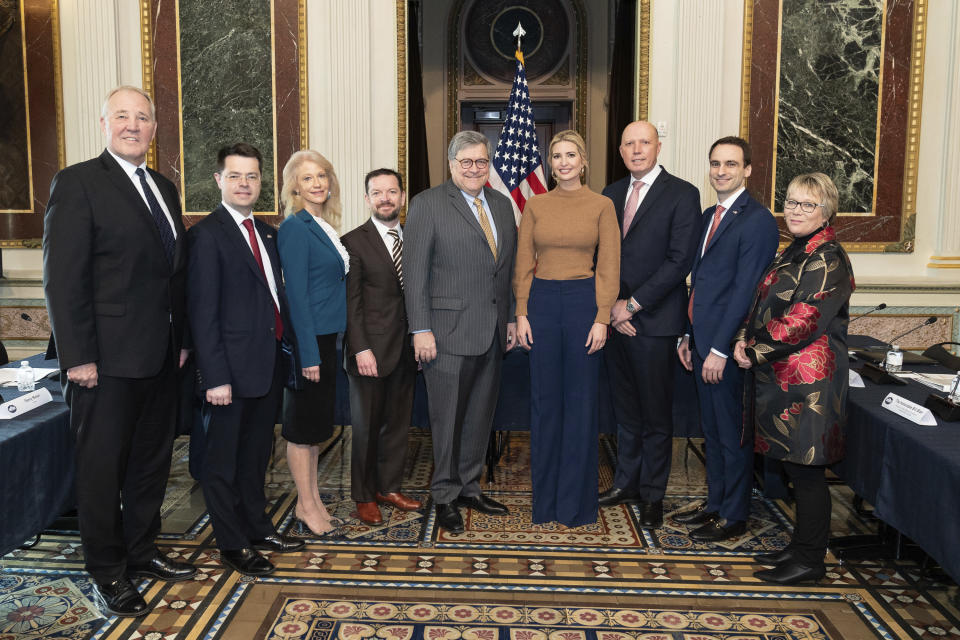 In this image provided by the White House, from left, Canadian Minister of Public Safety and Emergency Preparedness Bill Blair, U.K. Secretary of State for Housing, Communities and Local Government James Brokenshire, White House counselor Kellyanne Conway, Assistant to the President and Director of the Domestic Policy Council Joe Grogan, Attorney General William Barr, White House Senior Advisor Ivanka Trump, Australian Home Affairs Minister Peter Dutton, unidentified, and Tracey Martin, New Zealand Internal Affairs and Children’s Minister, participate in a meeting with victims of child sexual exploitation Thursday, March 5, 2020, in the Indian Treaty Room in the Eisenhower Executive Office Building on the White House complex in Washington. (Andrea Hanks/The White House via AP)