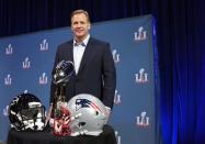 Feb 1, 2017; Houston, TX, USA; NFL commissioner Roger Goodell poses for a photo with the Vince Lombardi Trophy after a press conference in preparation for Super Bowl LI at the George R. Brown Convention Center. Mandatory Credit: Kirby Lee-USA TODAY Sports