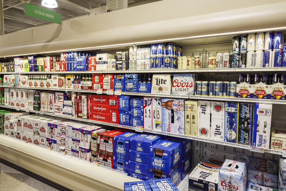 Miami Beach, Florida, Publix grocery store supermarket, cold beer, six pack cases, Bud Light, Coors and Budweiser. (Photo by: Jeffrey Greenberg/Universal Images Group via Getty Images)