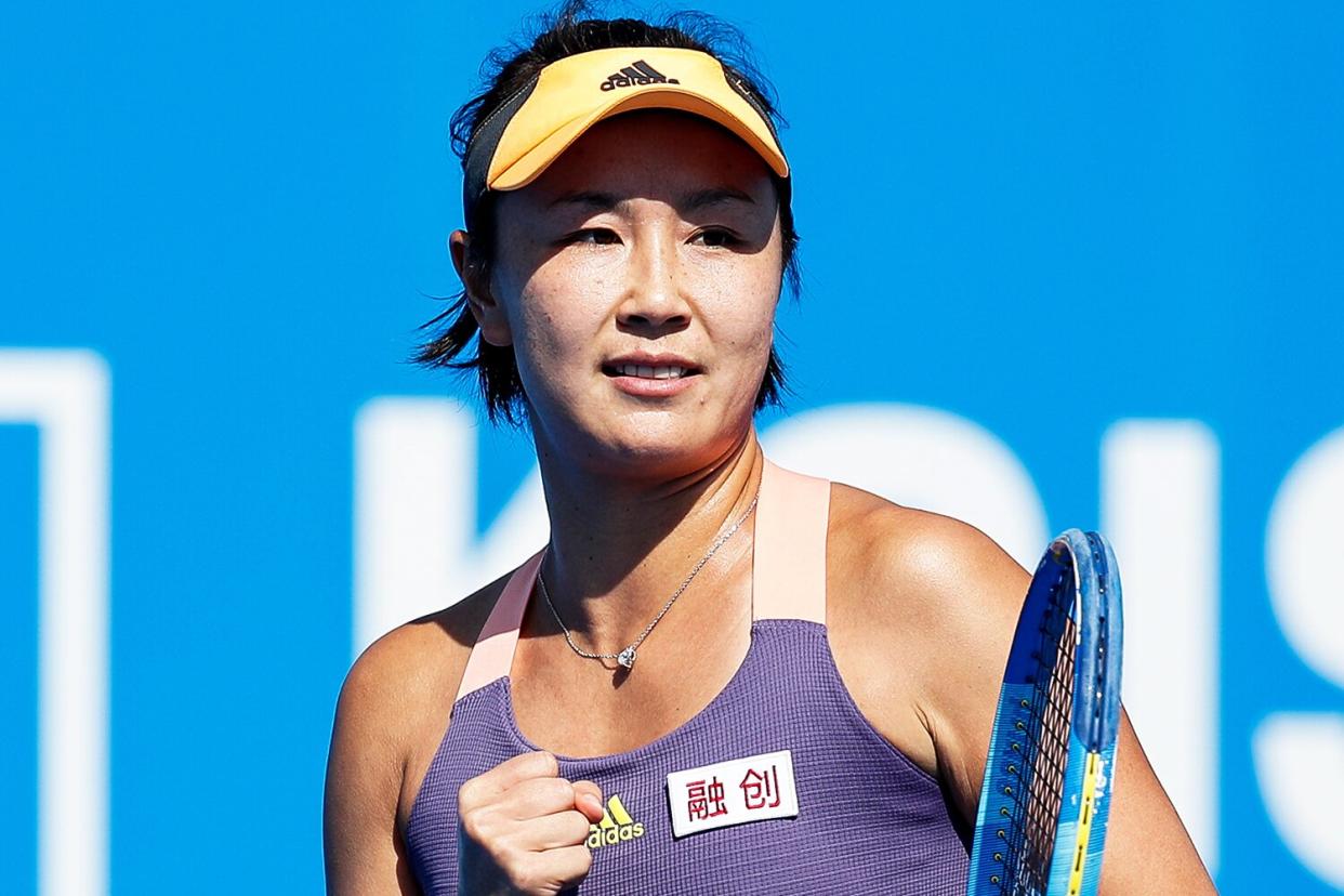 Peng Shuai of China celebrates a point during the women's singles 2nd round match against Ekaterina Alexandrova of Russia on day 4 of the 2020 WTA Shenzhen Open at Shenzhen Longgang Sports Center on January 08, 2020 in Shenzhen, China.