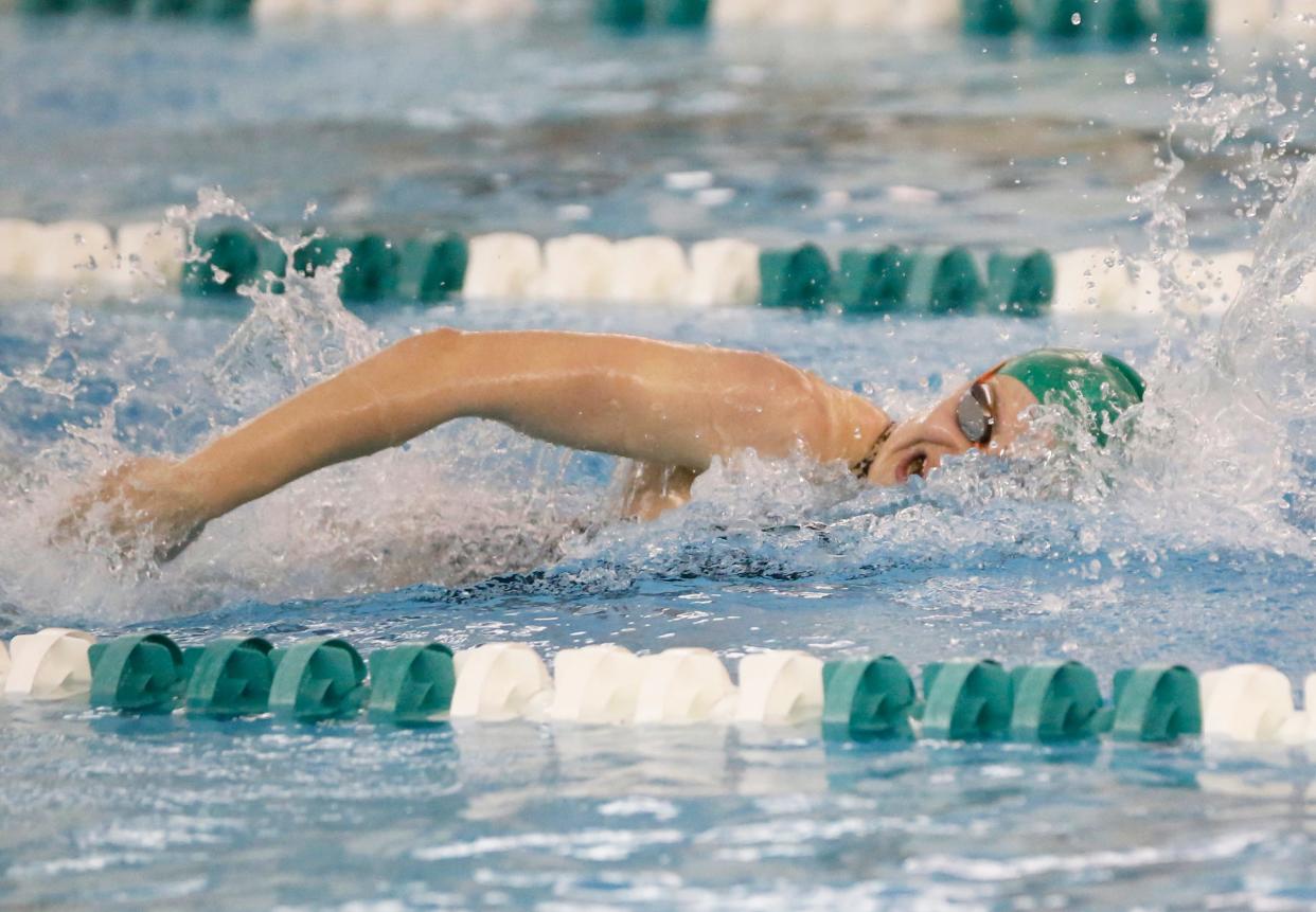 Concord sophomore Catie Brenneman competes in the 200-yard freestyle event during a swim meet against Penn and New Prairie Thursday, Dec. 14, 2023, at Concord High School in Dunlap.