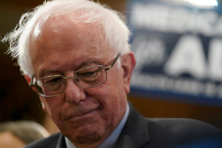 FILE PHOTO: Democratic U.S. presidential candidate U.S. Sen. Bernie Sanders (I-VT) speaks at a news conference on Capitol Hill in Washington, U.S., April 10, 2019. REUTERS/Aaron P. Bernstein/File Photo