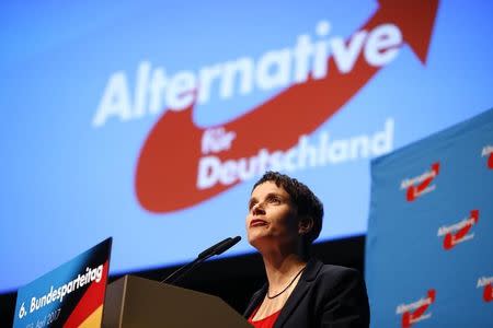 AFD chairwoman Frauke Petry, Germany's anti-immigration party Alternative for Germany (AFD) speaks on the AFD's party congress in Cologne Germany, April 22, 2017. REUTERS/Wolfgang Rattay