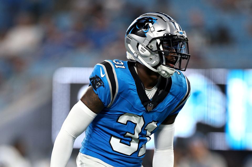 CHARLOTTE, NORTH CAROLINA – AUGUST 25: Rejzohn Wright #31 of the Carolina Panthers readies at the line of scrimmage during the second half of a preseason game against the Detroit Lions at Bank of America Stadium on August 25, 2023 in Charlotte, North Carolina. (Photo by Jared C. Tilton/Getty Images)