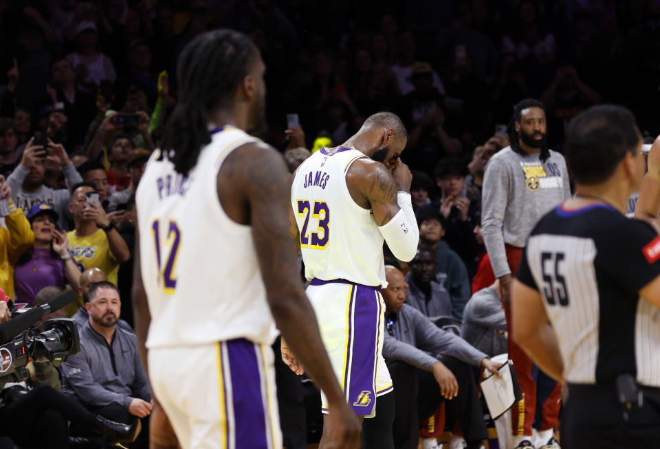 LOS ANGELES, CALIFORNIA - MARCH 2: LeBron James #23 of the Los Angeles Lakers reacts after scoring his 40,000th career point during the first half against the Denver Nuggets at Crypto.com Arena on March 2, 2024 in Los Angeles, California. NOTE TO USER: User expressly acknowledges and agrees that, by downloading and or using this photograph, User is consenting to the terms and conditions of the Getty Images License Agreement.(Photo by Kevork Djansezian/Getty Images)