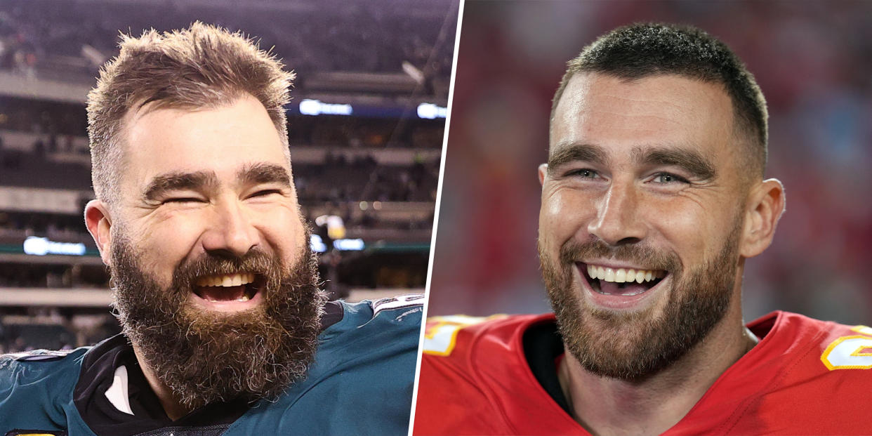 Jason Kelce, left, and his brother, Travis Kelce, were all smiles as their respective teams made it to the Super Bowl. (Getty Images)