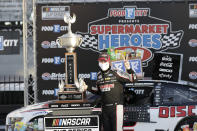 Brad Keselowski (2) celebrates after winning a NASCAR Cup Series auto race at Bristol Motor Speedway Saturday, May 30, 2020, in Bristol, Tenn. (AP Photo/Mark Humphrey)