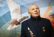 In this Wednesday, Jan. 23, 2019 photo Nikolai Shalnov, 91, a survivor of the Nazi siege of Leningrad during World War II, speaks to The Associated Press in St. Petersburg, Russia. The Nazi siege of Leningrad lasted nearly 2 and a half years until the Soviet Army drove the Nazi troops away on Jan. 27, 1944. Estimates of the death toll vary, but historians agree that more than one million Leningrad residents died of hunger and air and artillery bombardment in one of the most horrifying episodes of World War II. (AP Photo/Dmitri Lovetsky)