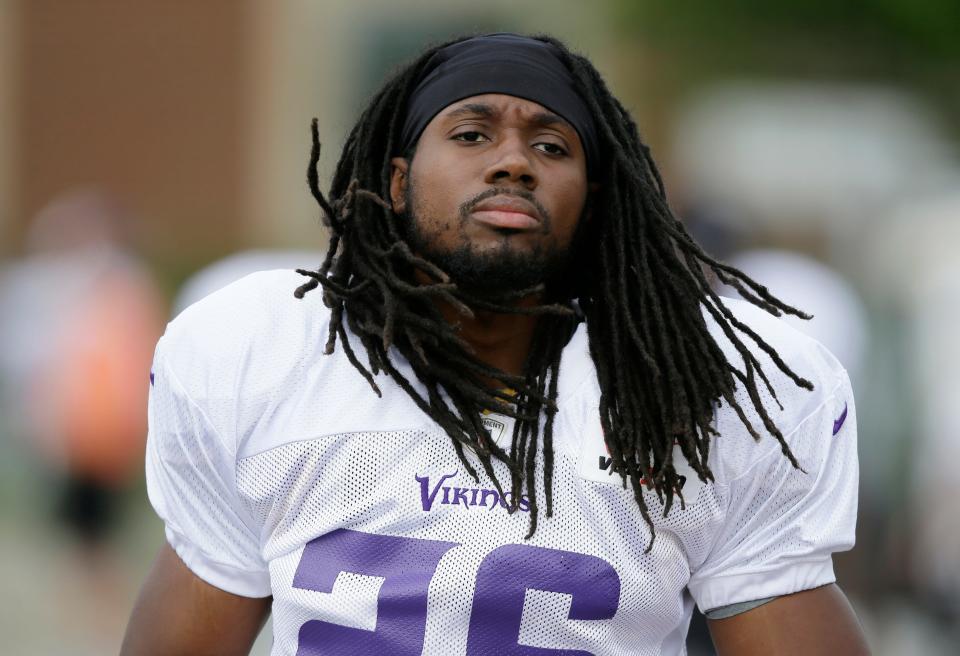 Minnesota Vikings defensive back Robert Steeples walks to the field before an NFL football training camp practice, Wednesday, July 30, 2014, in Mankato, Minn. (AP Photo/Charlie Neibergall)