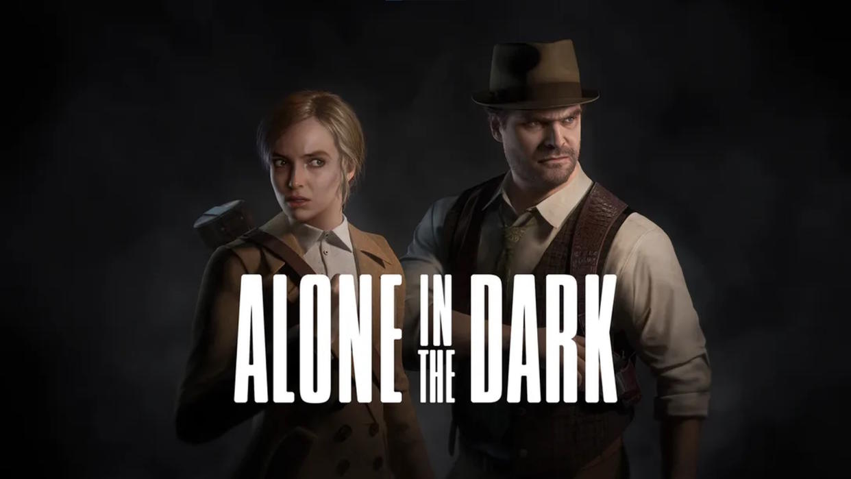  Alone in the Dark key art featuring Jodie Comer and David Harbour on a black background with game logo. 