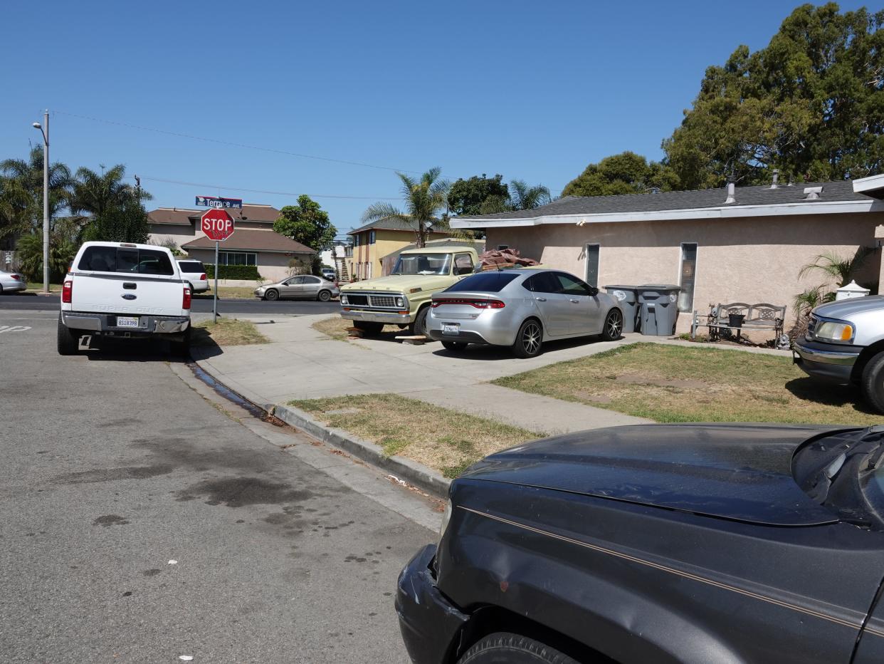 The home on Berkshire Street in Oxnard the day after a fatal shooting in August 2019. The defendant, who was acquitted of a murder charge based on self-defense, faces a potentially lengthy prison term for firearms offenses when he is sentenced Thursday.