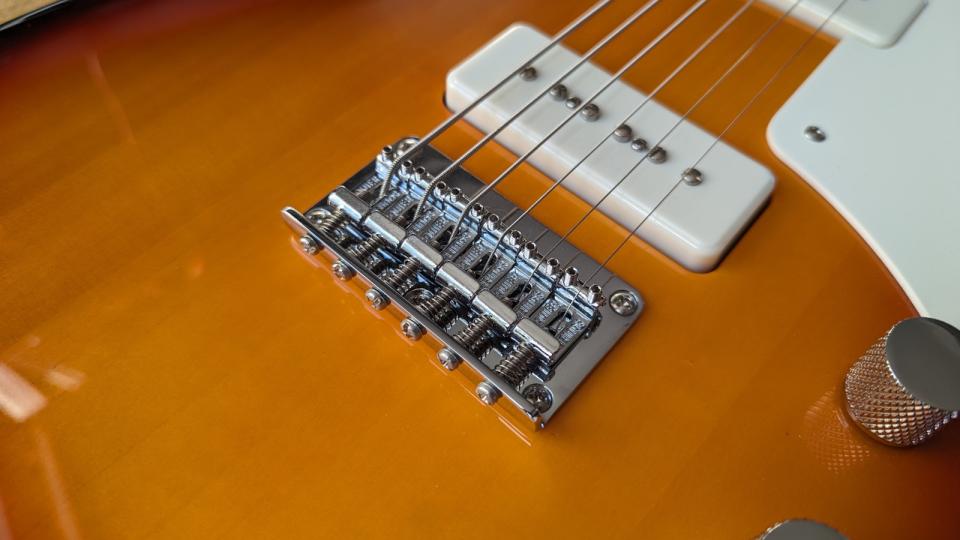 Close up of the bridge on a Squier Paranormal Baritone Cabronita Telecaster