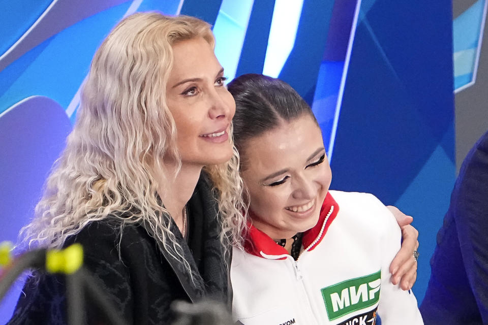 FILE - Russian Kamila Valieva, right, and her coach Eteri Tutberidze react after competing in the women's free skate program during the figure skating competition at the 2023 Russian Figure Skating Grand Prix in Moscow, Russia, Sunday, Nov. 26, 2023. The Olympics doping case of Russian figure skater Kamila Valieva left a “very unpleasant” taste, the World Anti-Doping Agency said Tuesday, March 12, 2024, though it won an appeal in January which led to her four-year ban. (AP Photo/Alexander Zemlianichenko, File)