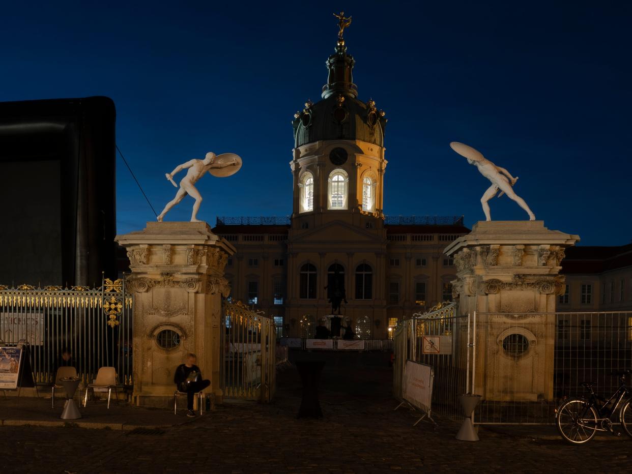 Charlottenburg Palace in the Germany city of Berlin is in the dark in the evening.