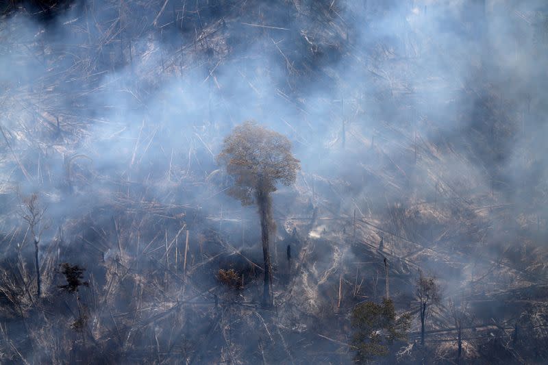 Foto de archivo. Una vista aérea muestra una extensión de selva amazónica ardiendo mientras es despejada por agricultores en Itaituba, Pará