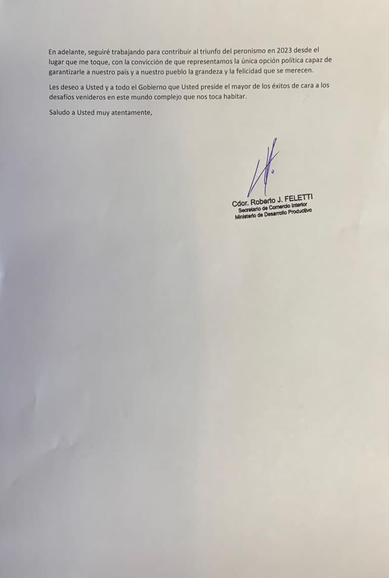 Parte de la carta de Roberto Feletti al presidente Alberto Fernández