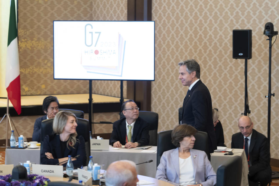 U.S. Secretary of State Antony Blinken arrives for an outreach session during the Group of 7 Foreign Ministers meetings at the Iikura Guest House in Tokyo Wednesday, Nov. 8, 2023. (Tomohiro Ohsumi/Pool Photo via AP)