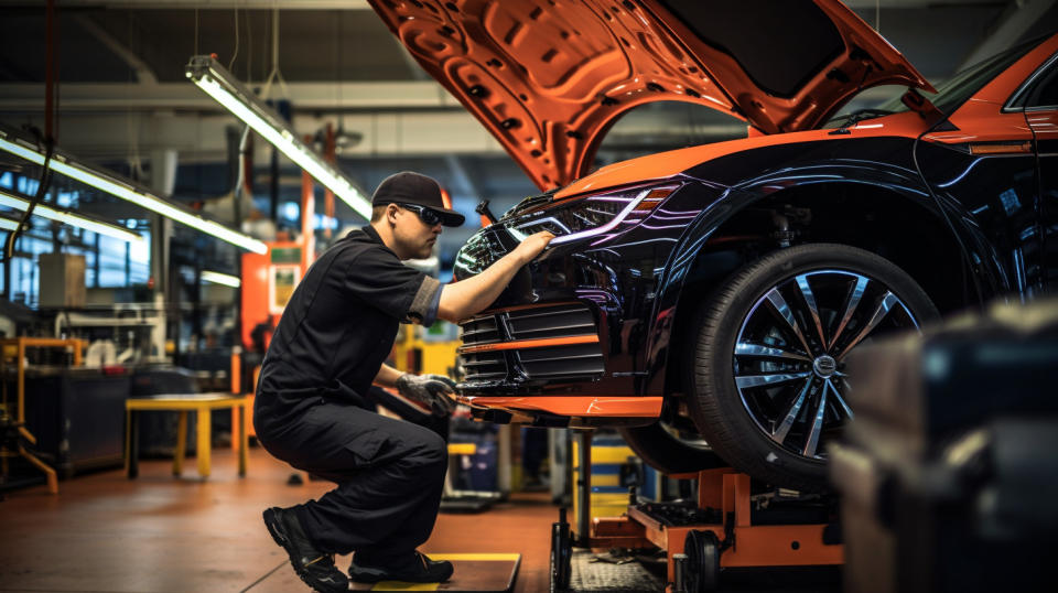 A car in a service bay being inspected by a technician for a routine maintenance service.