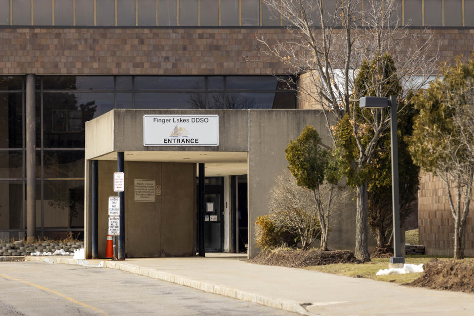 The entrance to the Finger Lakes Developmental Disabilities Service Office on Wednesday, March 8, 2023, in Rochester, N.Y. A woman born to a severely disabled resident of the facility in 1986 has filed a lawsuit saying her mother was raped by an employee whose abuse was covered up by those in charge. (AP Photo/Lauren Petracca)