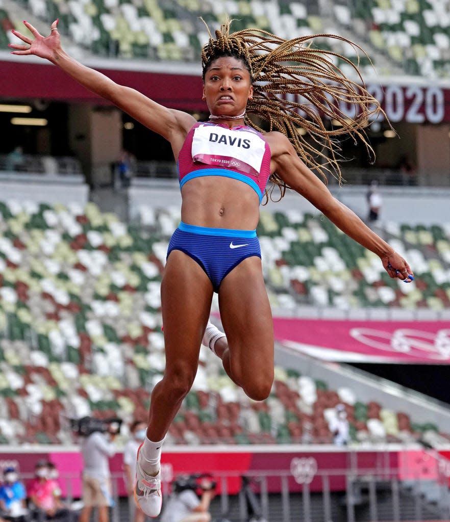 Tara Davis competes in the long jump final during the Tokyo 2020 Olympic Summer Games at Olympic Stadium on Aug. 3, 2021.