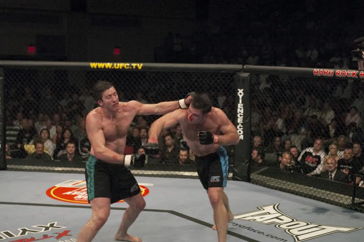 Forrest Griffin (R) fires a punch at Stephan Bonnar during the epic April 9, 2005, bout in the first The Ultimate Fighter finale. (Getty Images)