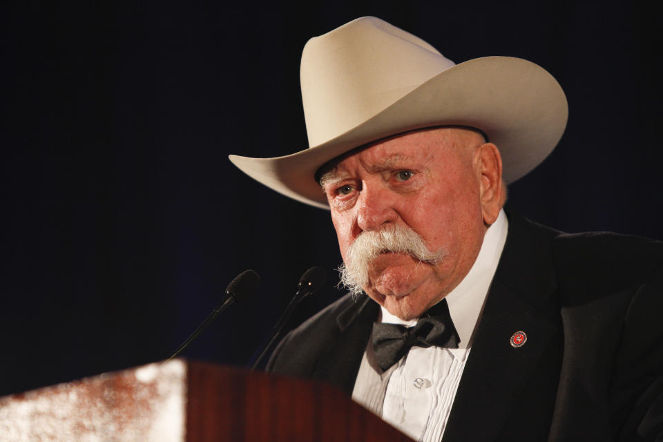 UNIVERSAL CITY, CA - SEPTEMBER 24: Actor Wilford Brimley speaks on stage at the 50th Anniversary Stuntmens Gala Honoring Harrison Ford on September 24, 2011 in Universal City, California. (Photo by Imeh Akpanudosen/Getty Images)