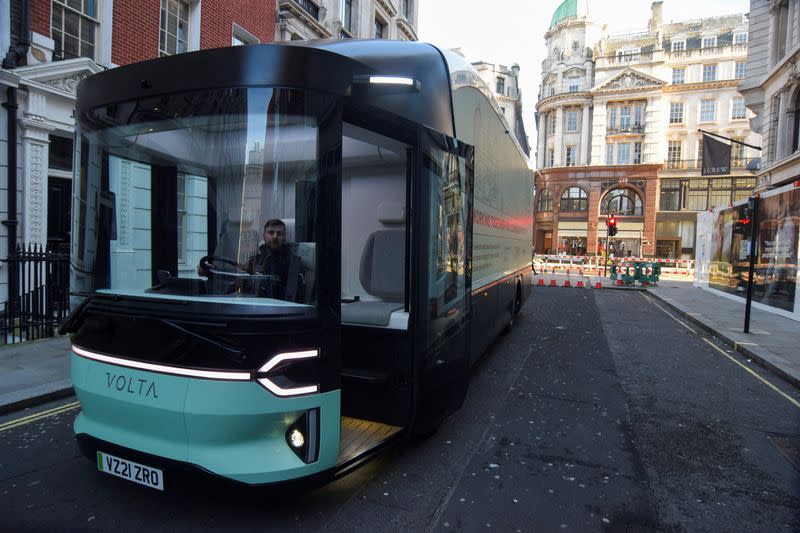 A prototype of the Volta Zero, a 16-tonne electric truck that Volta Trucks will start mass producing in late 2022, is displayed in central London
