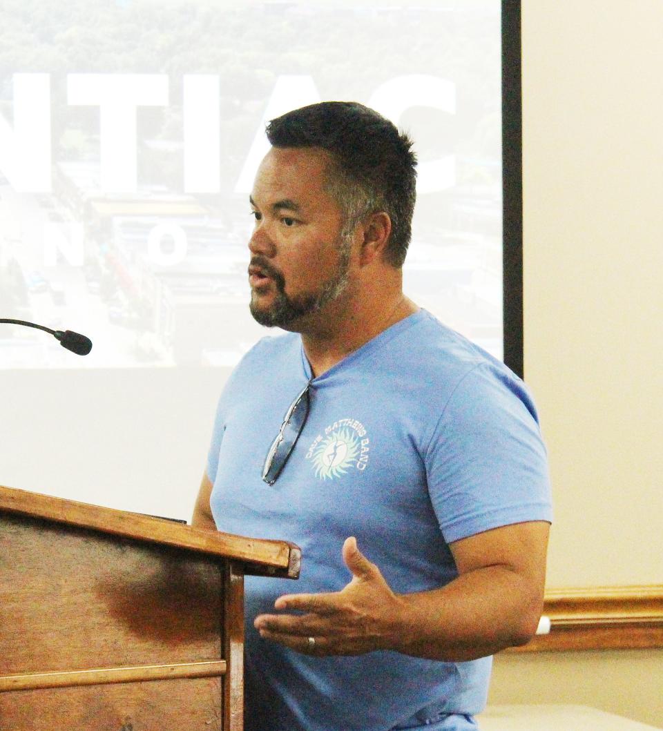 Marlon Eilts speaks to the Pontiac City Council at its July 3 meeting. Eilts was explaining an event at Lola's Homestyle Filipino Cooking set for Aug. 4.