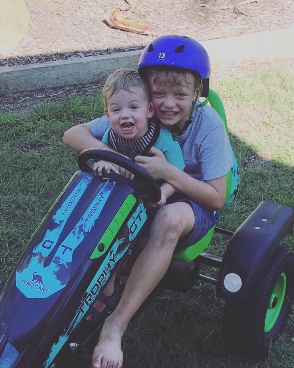 Logan, 10, right, and Archie, 18 months, left, were shattered after their cabin was broken into while on holiday. Source: Mathew Ferguson