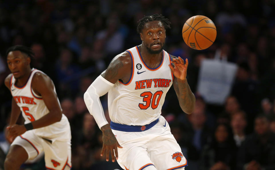 New York Knicks forward Julius Randle (30) dribbles up court during the second half of an NBA basketball game against the Orlando Magic, Monday, Oct. 24, 2022, in New York. The Knicks won 115-102. (AP Photo/John Munson)