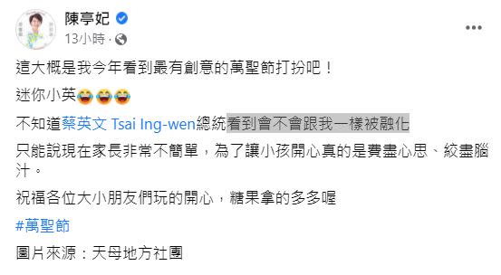 立委在臉書分享看過最有創意的萬聖節裝扮。（圖／翻攝自陳亭妃臉書）