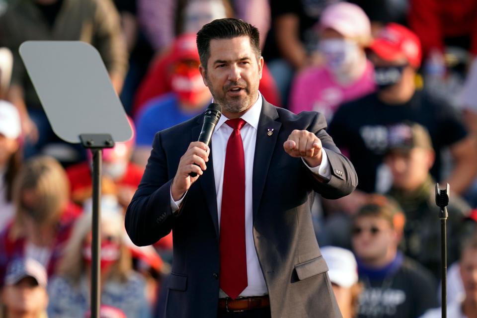 Sean Parnell speaks ahead of a campaign rally with President Donald Trump, on Sept. 22, 2020, in Moon Township, Allegheny County.