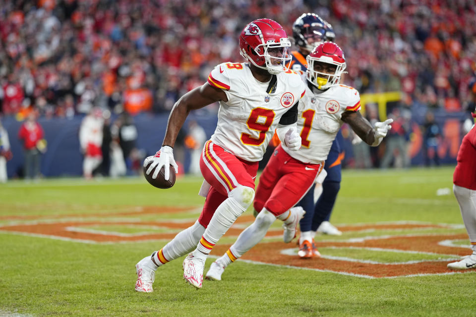 Kansas City Chiefs wide receiver JuJu Smith-Schuster (9) celebrates his touchdown catch during the second half of an NFL football game against the Kansas City Chiefs Sunday, Dec. 11, 2022, in Denver. (AP Photo/Jack Dempsey)