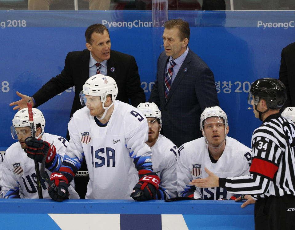 U.S. coach Tony Granato is not happy during Team USA’s game against Olympic Athletes from Russia. (REUTERS/Brian Snyder)
