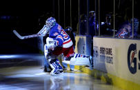 NEW YORK, NY - APRIL 12: Goalie Henrik Lundqvist #30 of the New York Rangers skates onto the ice to play against the Ottawa Senators in Game One of the Eastern Conference Quarterfinals during the 2012 NHL Stanley Cup Playoffs at Madison Square Garden on April 12, 2012 in New York City. (Photo by Bruce Bennett/Getty Images)